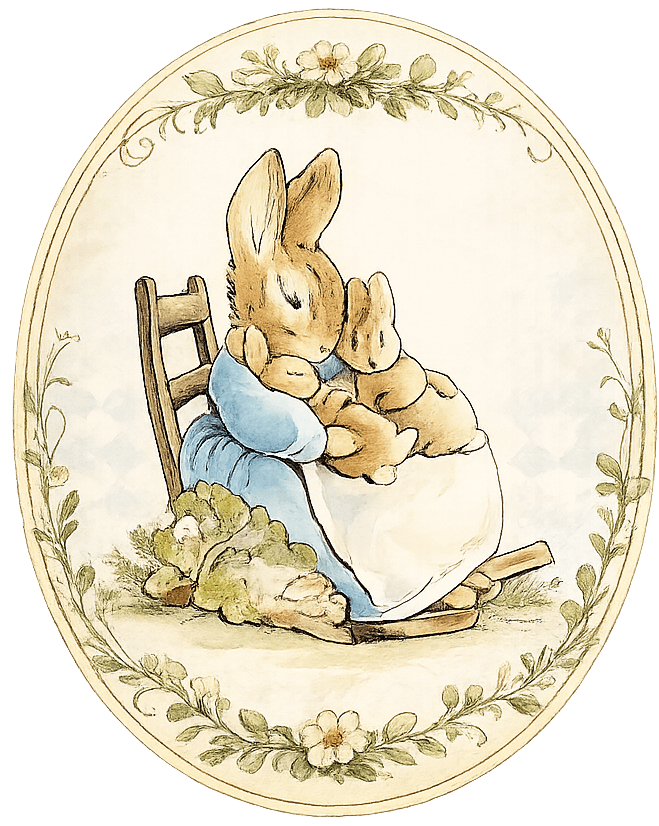 Beatrix Potter watercolor illustration of a mother rabbit with her babies