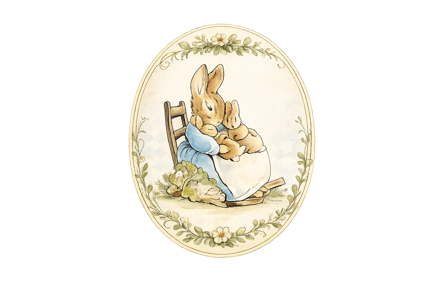 Beatrix Potter watercolor illustration of a mother rabbit with her babies